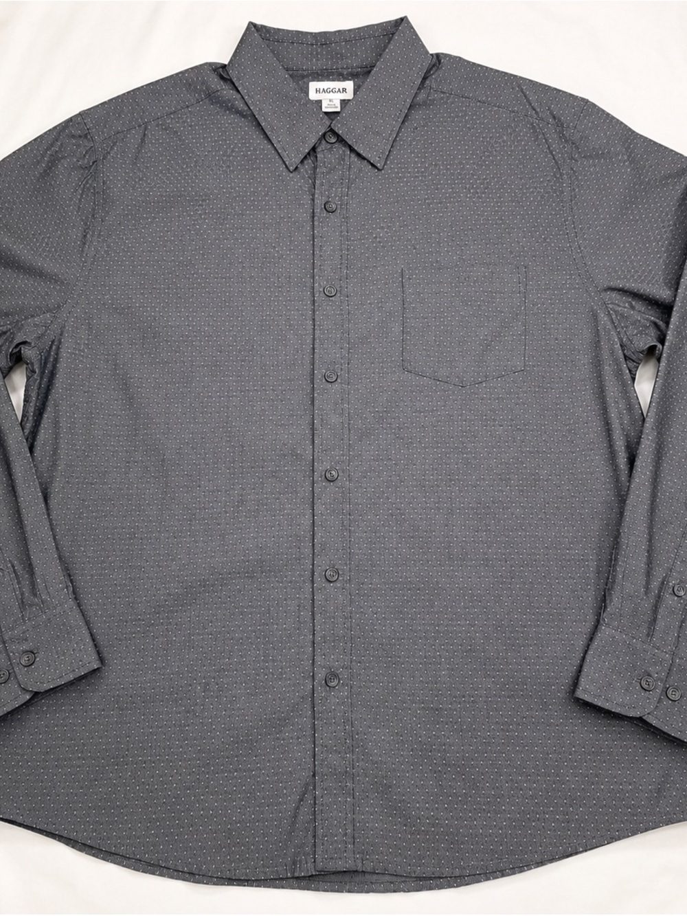 Haggar XL Gray Micro Print Button Front Dress Shirt Cotton Blend Long Sleeve
